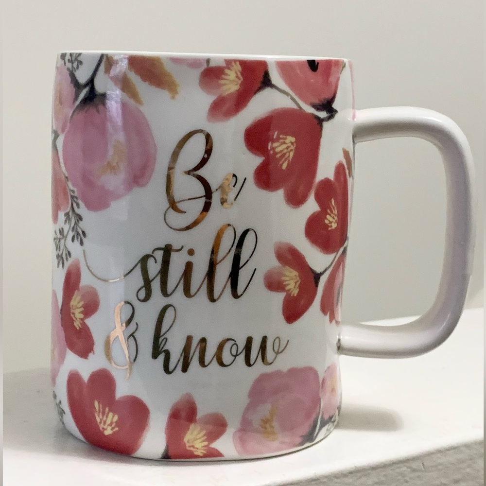 Mary Square Floral Coffee Tea Mug Gold Foil Lettering Be Still & Know Scripture